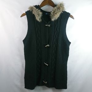 Relativity L Hoodie Wool Blend Toggle Fur Trim Knit Vest